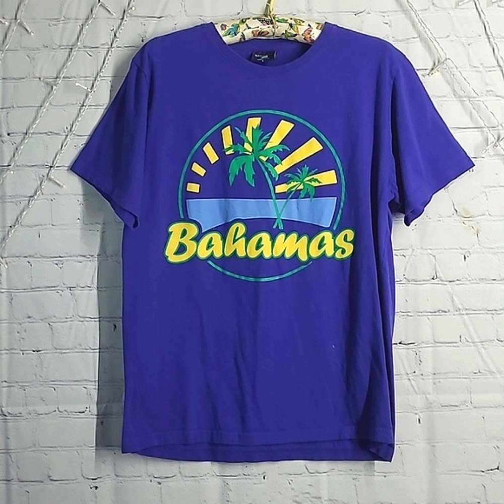 Vintage 90s Bahamas Rising Sun Beach Tropical Graphic Print Navy Blue Tee Mens L - Picture 4 of 15